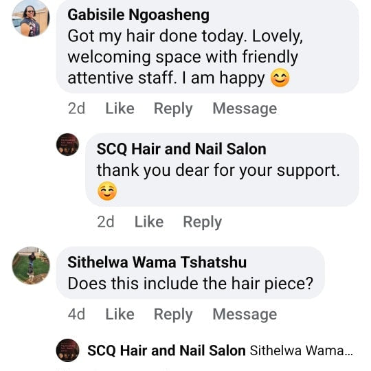 Text conversation between a customer and SCQ Hair and Nail Salon on a platform.