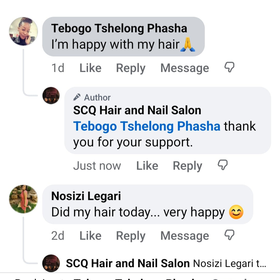 Social media post from SCQ Hair and Nail Salon on WhatsApp about hair services with customer feedback.